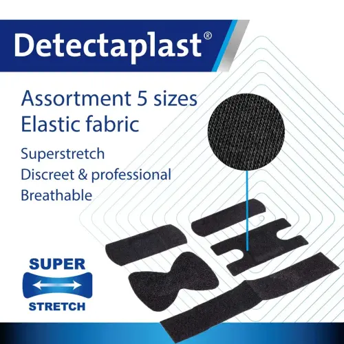 Boite de 50 pansements en tissu &eacute;lastique - 5 tailles - Noir - Detectaplast 