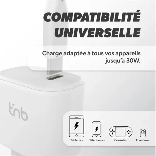 Chargeur USB-C - 30W - Blanc - T'nB 