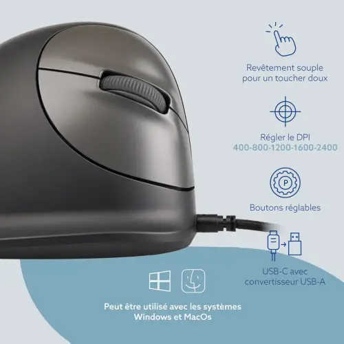Souris ergonomique - Droitier - Filaire - Noir - R-Go