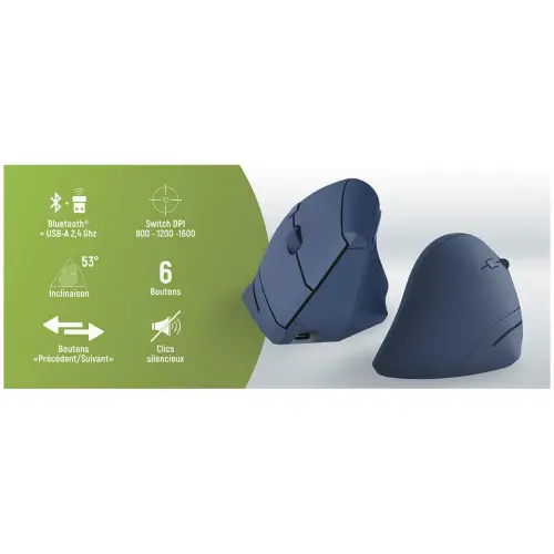Souris ERGO sans fil - Verticale - Rechargeable - Bleu - T'NB