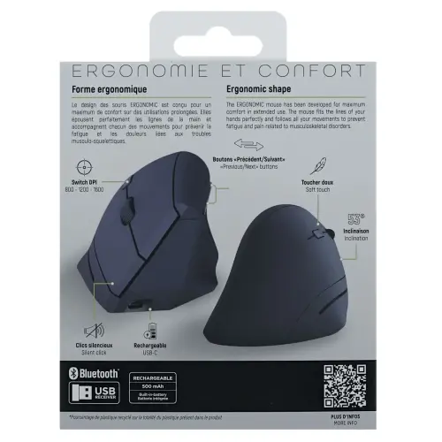 Souris ERGO sans fil - Verticale - Rechargeable - Bleu - T'NB