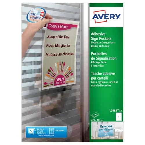 10 Pochettes d'affichage adh&eacute;sives A4 AVERY 