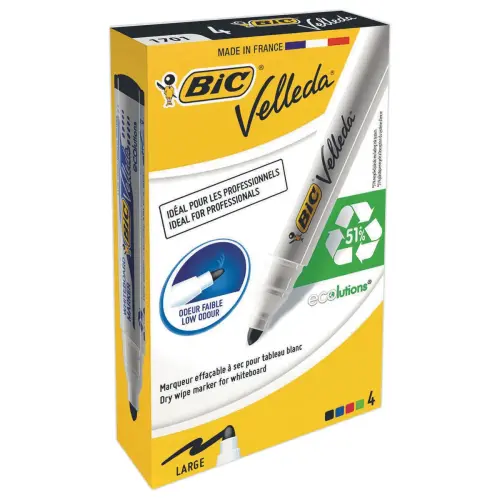 4 Velleda 1701 ECOlutions Effaçables à Sec à Pointe Conique Moyenne - Couleurs Assorties - BIC