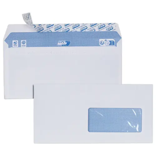 500 enveloppes blanches 90g GPV 110x220mm bande siliconée à fenêtre 45x100mm