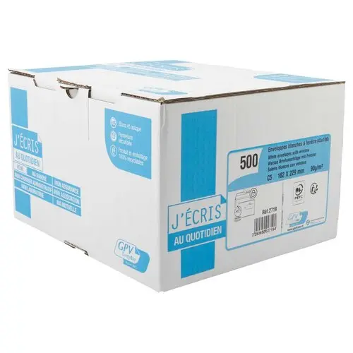 500 Enveloppes blanches bande siliconée à fenêtre - 162 x 229 mm - GPV