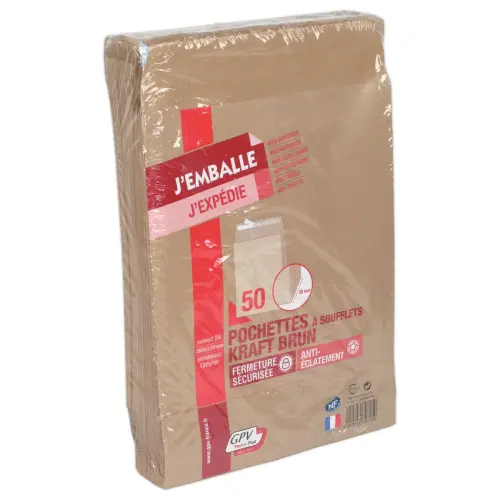 50 Pochettes à soufflet en kraft brun - 120 g - 260 x 330mm - GPV