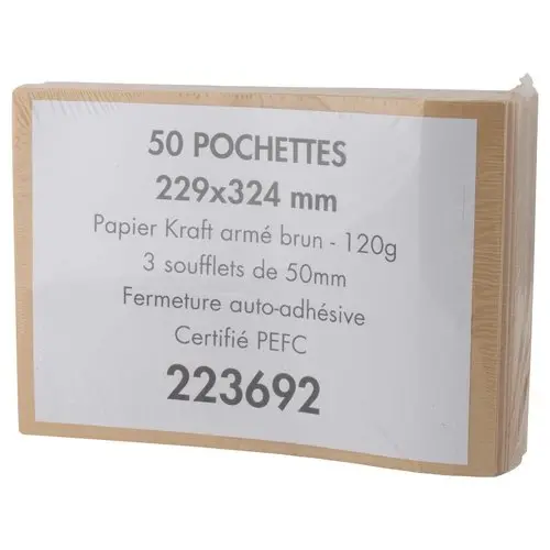 50 Pochettes &agrave; soufflet en kraft arm&eacute; brun 120g - 229 x 324 mm 