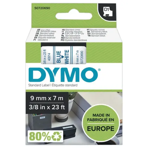 Ruban D1 S0720690 - 7 m x 9 mm - Texte bleu sur fond blanc - Dymo