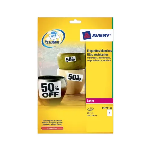 Bo&icirc;te de 20 &eacute;tiquettes inalt&eacute;rables laser -  210x297mm - Blanc - AVERY 