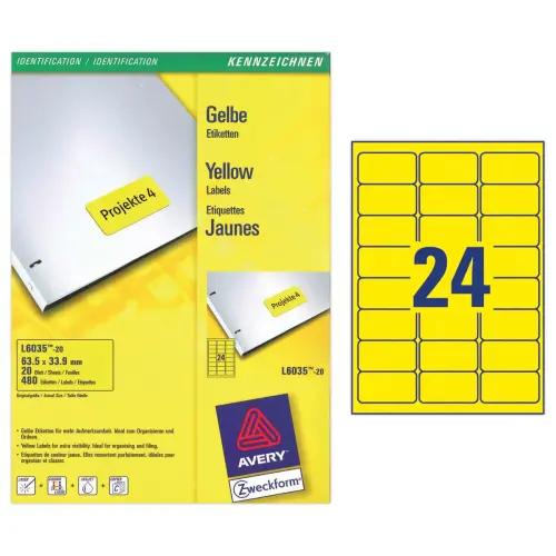 20 planches de 24 étiquettes jaunes - 63,5x33,9mm - AVERY