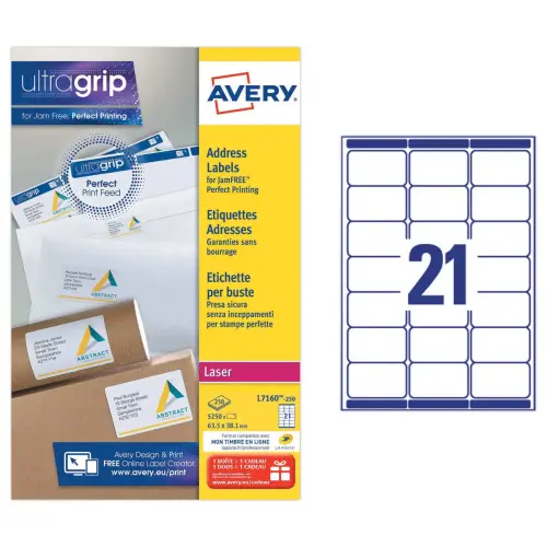 250 Planches de 21 &eacute;tiquettes adresses blanches pour imprimantes laser - 63,5 x 38,1 mm - AVERY 