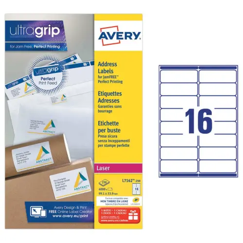 250 Planches de 16 &eacute;tiquettes adresses blanches pour imprimantes laser - 99,1 x 33,9 mm - AVERY 