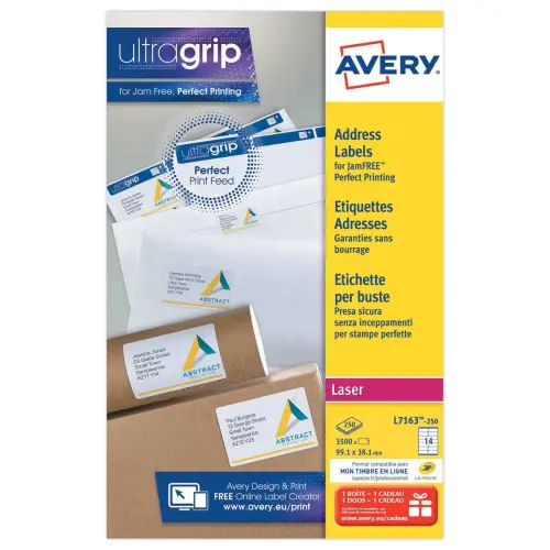 250 Planches de 14 &eacute;tiquettes adresses blanches pour imprimantes laser - 99,1 x 38,1 mm - AVERY 