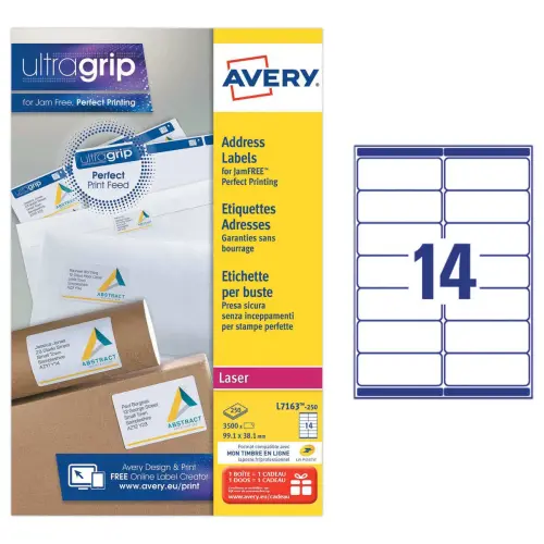 250 Planches de 14 &eacute;tiquettes adresses blanches pour imprimantes laser - 99,1 x 38,1 mm - AVERY 