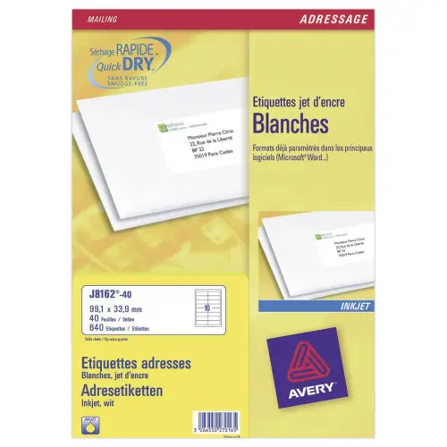 40 planches de 16 &eacute;tiquettes adresses pour imprimantes jet d'encre - 99,1x33,9mm - AVERY 