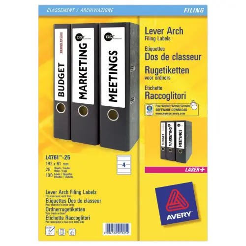 25 planches de 4 étiquettes de classement blanches pour classeur dos large AVERY