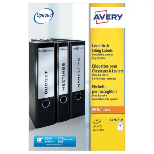 25 planches de 7 &eacute;tiquettes de classement blanches pour classeur dos &eacute;troit AVERY 