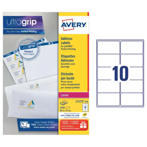 100 Planches de 10 étiquettes adresses blanches pour imprimantes laser - 99,1 x 57 mm - AVERY