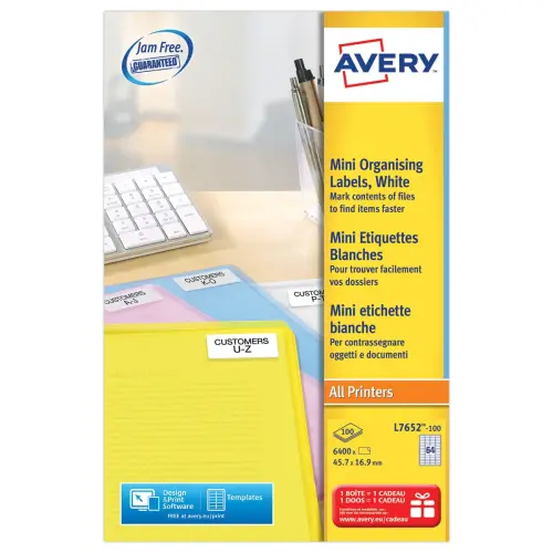100 Planches de 64 mini-étiquettes blanches - 45.7 x 16.9 mm - AVERY