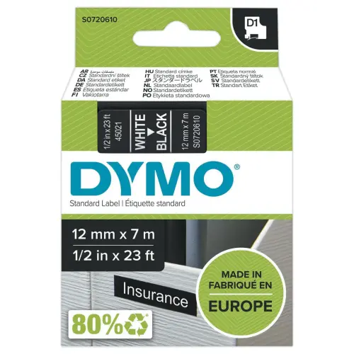 Ruban pour titreuse D1 - 7 m x 12 mm - Texte blanc sur fond noir - Dymo