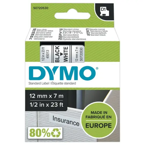 Ruban titreuse D1 – 12 mm – Impression noir sur fond blanc – Dymo