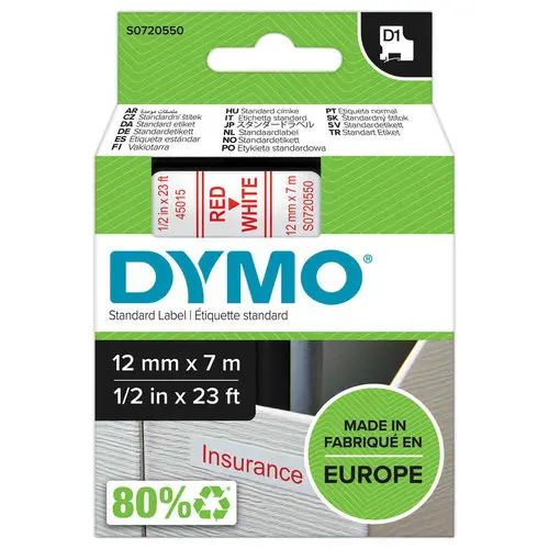 Ruban pour titreuse D1 - 7 m x 12 mm - Texte rouge sur fond blanc - Dymo 