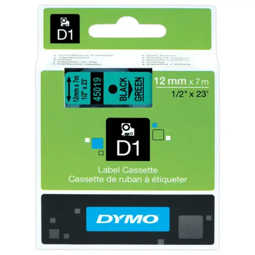 Ruban pour titreuse D1 - 7 m x 12 mm - Texte noir sur fond vert - Dymo 