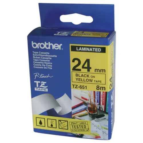 Ruban pour titreuse TZE - 8m x 24 mm TZE651 - Texte noir sur fond jaune - Brother