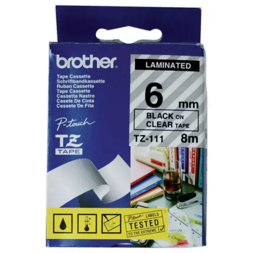 Ruban TZE 8m x 6 mm - BROTHER Tze 111 - texte noir / fond transparent 