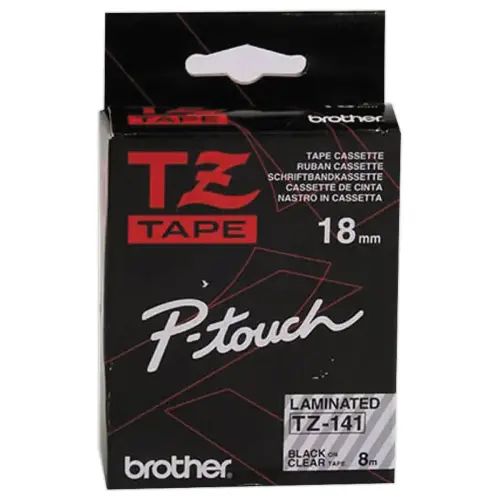 Ruban TZE 8m x 18 mm - BROTHER Tze 141 - texte noir / fond transparent 