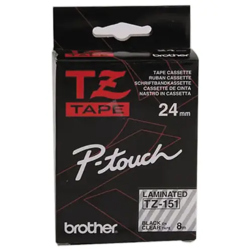 Ruban TZE 8m x 24 mm - BROTHER Tze 151 - texte noir / fond transparent 