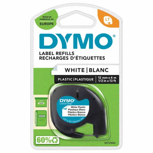 Ruban plastique Letratag - 12 mm - texte noir sur fond blanc