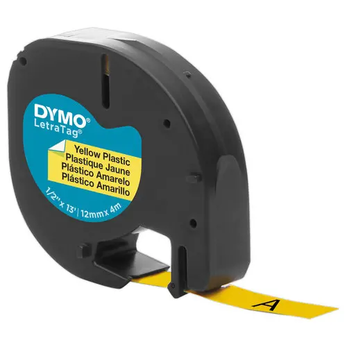 Ruban plastique Letratag - 12 mm - texte noir sur fond jaune