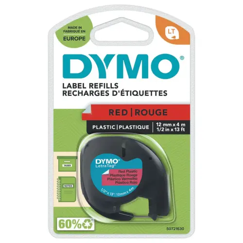 Ruban plastique Letratag - 12 mm - texte noir sur fond rouge