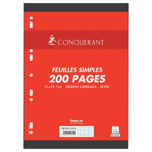 100 Copies simples perforées (200 pages) - A4 - Réglure Seyès - CONQUERANT