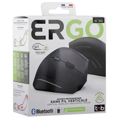 Souris ERGO sans fil - Verticale - Rechargeable - Noir - T'NB