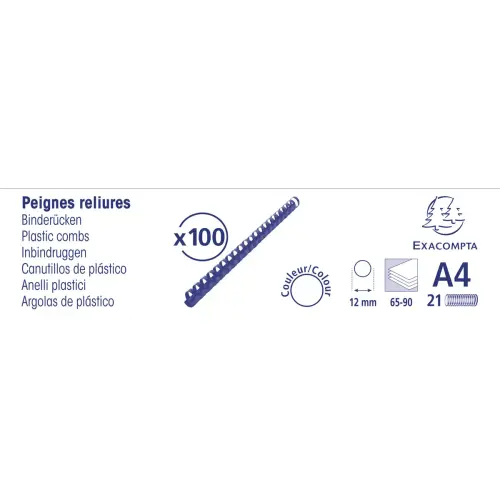 Boite 100 reliures spirales plastique 12mm - Noir - EXACOMPTA 