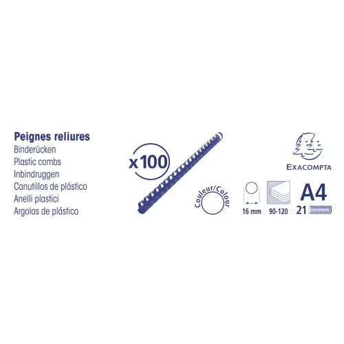 Boite 100 reliures spirales plastique 16mm - Noir - EXACOMPTA 