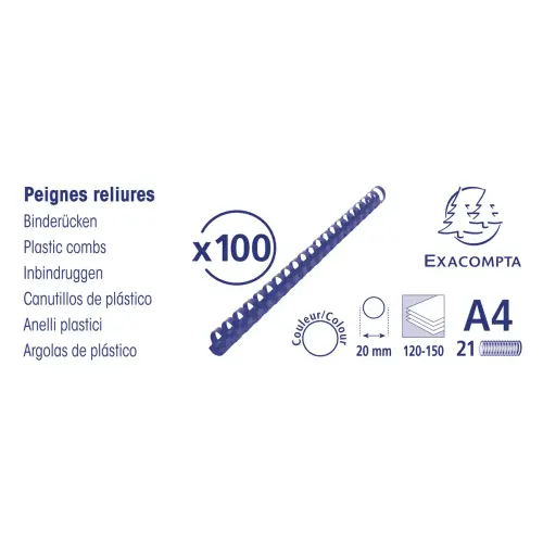 Boite 100 reliures spirales plastique 20mm - Noir - EXACOMPTA