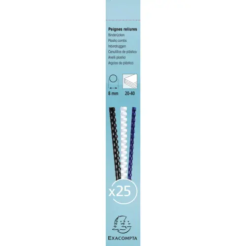 Boite 25 reliures spirales plastique 8mm - Blanc - EXACOMPTA