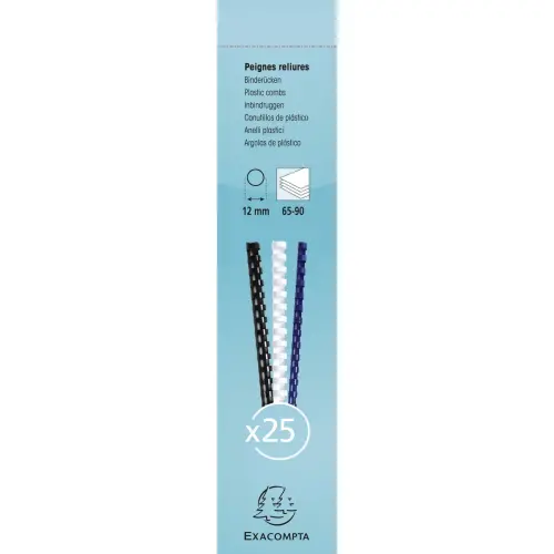 Boite 25 reliures spirales plastique 12mm - Blanc - EXACOMPTA