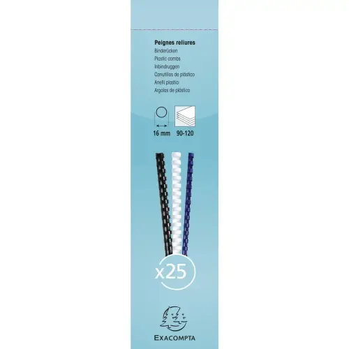 Boite 25 reliures spirales plastique 16mm - Noir - EXACOMPTA