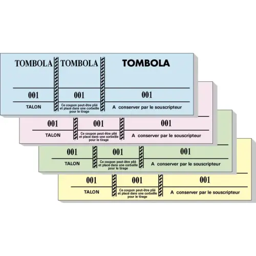 Bloc tombola 100 feuilleslets num&eacute;rot&eacute;s de 3 volets - Format 4,8 x 15 cm - Couleurs assorties - Exacompta 
