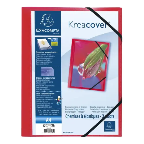 Chemise à élastiques 3 rabats polypropylène opaque Krea Cover - A4 - Rouge - EXACOMPTA