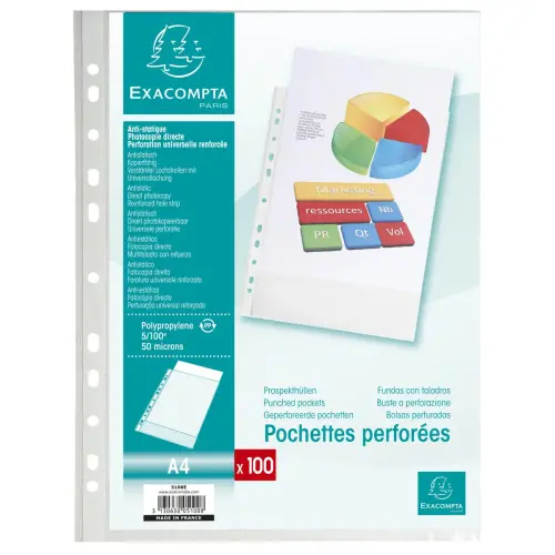 Sachet de 100 pochettes perforées polypropylène grainé 5/100e - A4 - Cristal - EXACOMPTA