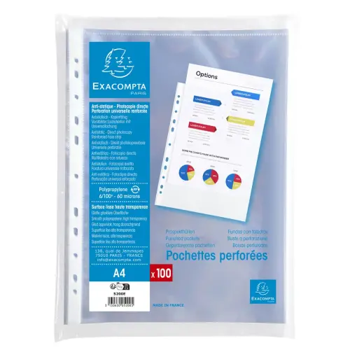 Sachet de 100 pochettes perforées polypropylène lisse 6/100e - A4 - Cristal - EXACOMPTA