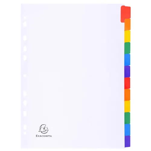 Intercalaires carte blanche 160g avec onglets couleurs renforcés - 12 positions - A4 - Blanc - EXACOMPTA