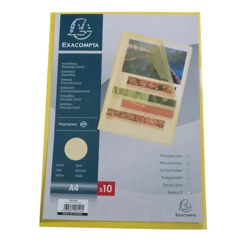 Sachet 10 pochettes coin polypropyl&egrave;ne grain&eacute; 12/100e - A4 - Jaune - EXACOMPTA 