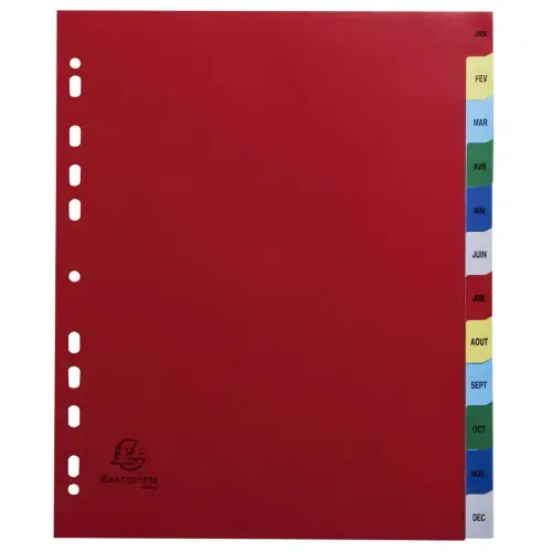 Intercalaires imprimés mensuel PP couleurs 12/100e - 12 positions - A4+ - Assorties vives - Exacompta