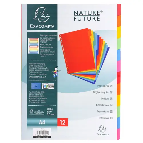 Intercalaires carte lustrée 400g 12 positions - A4 - Couleurs assorties - EXACOMPTA